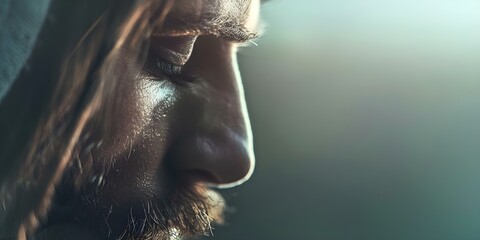 Captivating viewers with Jesus' serene face in high resolution evokes peace and contemplation. Concept Religious Art, Serenity, High Resolution, Jesus Portrait, Contemplation