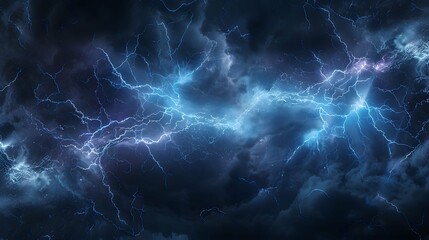 Obraz premium Natural electric lightning in dark sky at night, panorama of thunderbolt light during storm. Theme of thunder, bolt, thunderstorm, charge, background.