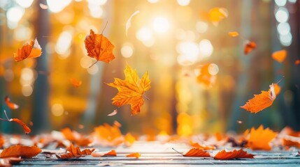 Autumn forest with vibrant leaves falling, sunlight filtering through trees, creating a scenic and colorful landscape, perfect for seasonal nature photography