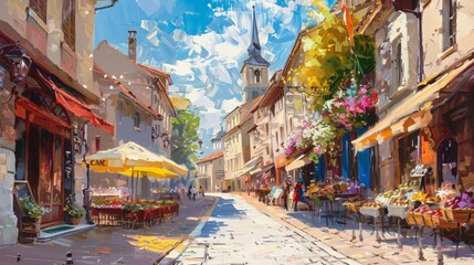 Fototapeta premium Create an oil painting of a historic European street, with cobblestone pathways, charming cafes, and vibrant market stalls under a sunny sky.