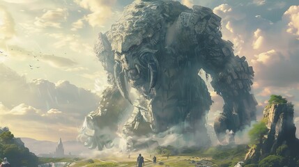 A colossal behemoth rising from the Earth, surrounded by lush landscapes, with digital art showcasing its immense presence