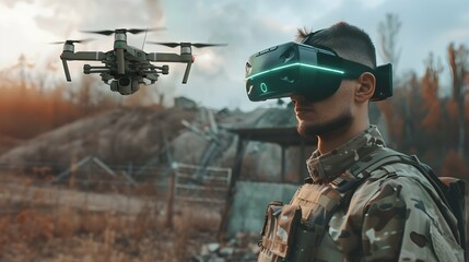 Fototapeta premium Soldier uses modern drone for surveillance, man wearing cyber VR glasses during war or training. Theme of army, military intelligence, control, technology