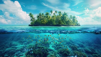 Fototapeta premium Tropical island paradise with lush palm trees, blue sky, and vibrant coral reef teeming with fish. Concept of travel, vacation, nature, and marine life.