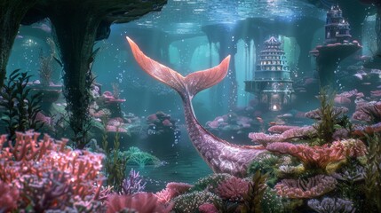 Enchanted lagoon, shimmering tail, underwater palace