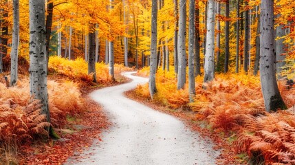 Obraz premium Pathway through a forest with colorful autumn trees, golden leaves, and scenic landscape, highlighting the charm of fall