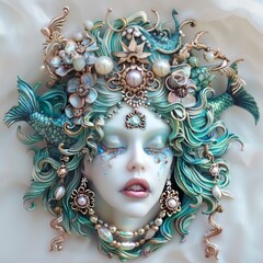 Mermaid queen, ocean depths, pearl necklace