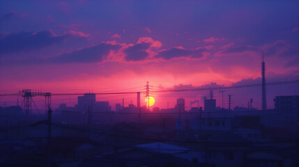 Fototapeta premium 紫とオレンジに染まる東京の夕焼けと街並み
