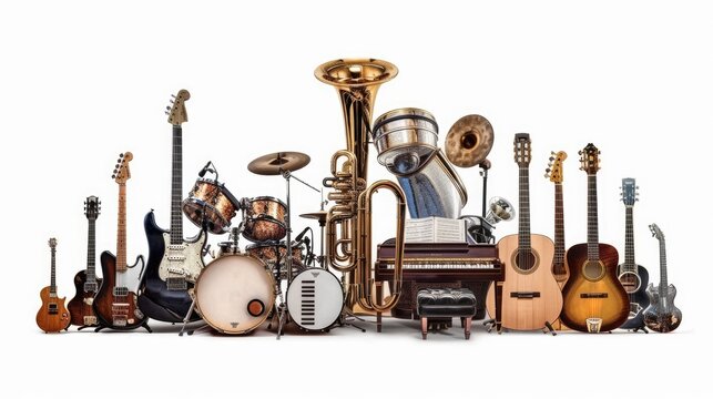 A variety of musical instruments are arranged together, including guitars, drums, trumpets, and saxophones. AIG535