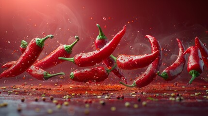 Red chili peppers in movement on a red background.