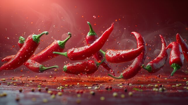 Red chili peppers in movement on a red background.