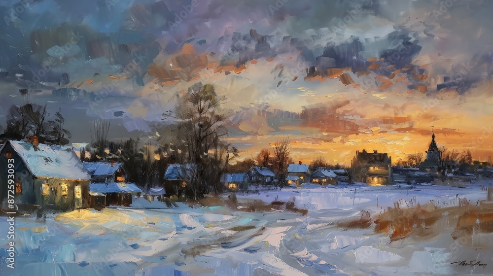 Poster Create an oil painting of a peaceful village at dusk, with warm lights glowing from the windows of cottages and the sky transitioning to twilight.