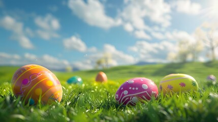 3D render of A festive Easter egg rolling competition on a grassy field., Photo stock style, clean background, no copyrighted logo, no letters