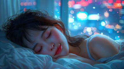 Peaceful Sleep. Serene Woman Dreaming in City Lights
