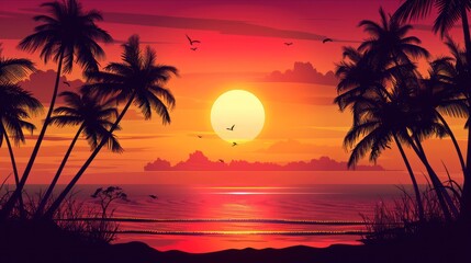 Beach sunset silhouette with palm trees.