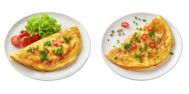 Delicious omelet garnished with fresh herbs, tomatoes, and lettuce on a white plate. Perfect breakfast or brunch meal idea. transparent background