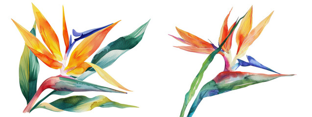 Colorful watercolor illustration of two bird of paradise flowers with vibrant petals and green leaves, set against a white background. transparent background