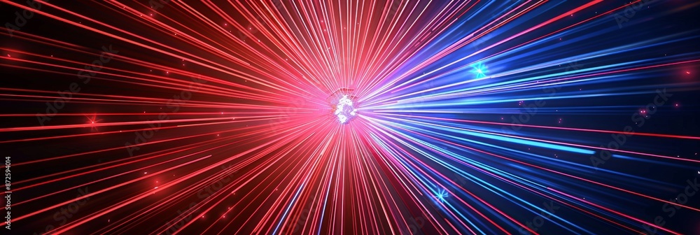 Poster bright red and blue light beams exploding outwards, meeting at a focal point to form a visually stri
