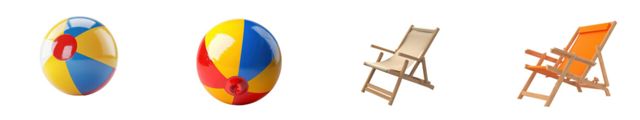 Colorful beach balls and striped deck chairs isolated on white background ready for a fun day at the beach or summer activities. transparent background