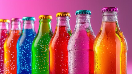 Seven colorful soft drink bottles in a row, isolate on pink background.