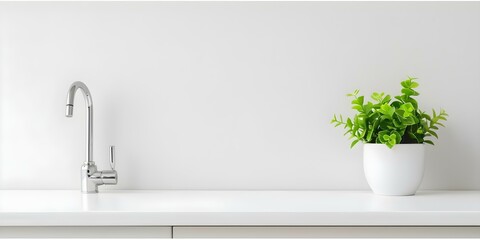 Enhancing a Clean and Sleek Design Aesthetic with Minimalist Kitchen Counter Plant Decor. Concept Minimalist Decor, Kitchen Design, Clean Aesthetic, Indoor Plants