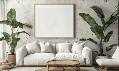 A chic living room with empty picture frames on the wall, designed to act as models for displaying artwork or posters.