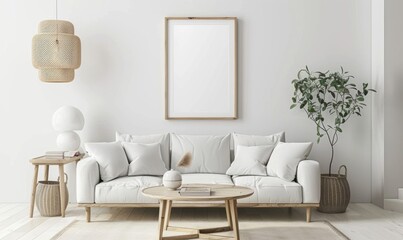 A chic living room with empty picture frames on the wall, designed to act as models for displaying artwork or posters.