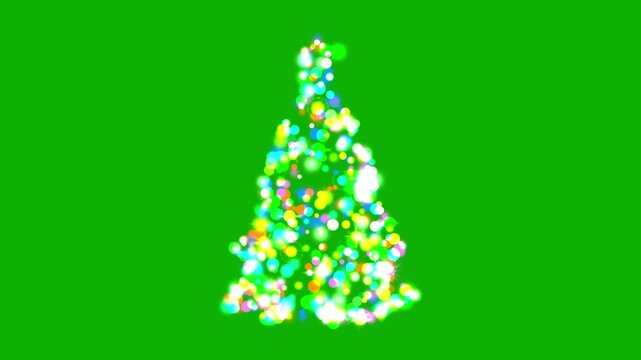 Christmas tree with colorful bokeh lights and glitter sparkles on green screen background