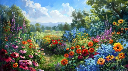 Create an oil painting of a vibrant flower garden in full bloom, with a variety of colorful flowers and lush greenery under a clear blue sky.