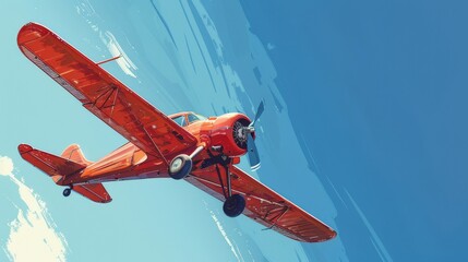 Retro red airplane in mid-flight, pristine blue sky, emphasis on classic design and color contrast, detailed digital art reflecting nostalgia