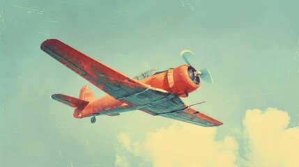 Red vintage plane in flight against a pristine blue sky, detailed digital art showcasing retro aviation charm and bold colors