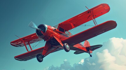 Retro-styled red plane cruising the clear blue sky, detailed digital artwork