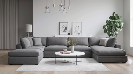 Living room featuring a grey sofa, a minimalist coffee table, and a white rug