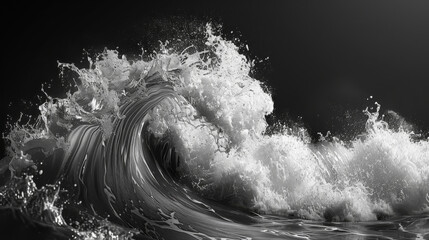 A black and white image of a crashing ocean wave, with water droplets splashing