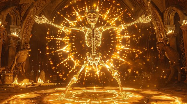 Skeleton dance in a sacred rite, ethereal glow surrounding the bones, ancient symbols and offerings, a blend of life and death