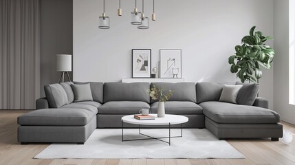 Living room featuring a grey sofa, a minimalist coffee table, and a white rug