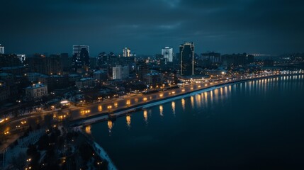Fototapeta premium Night Cityscape with River Reflections