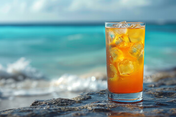 Summer, Tropical long island iced tea cocktail with blurred beach background, perfect for summer vacation vibes.
