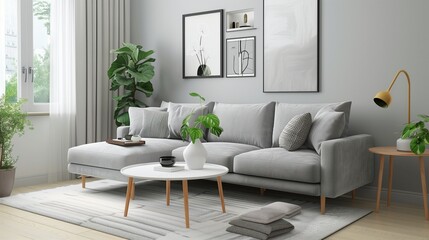 Living room featuring a grey sofa, a minimalist coffee table, and a white rug