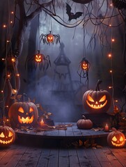 Podium decorated with Halloween digital elements and lights, modern and eerie, ample copy space