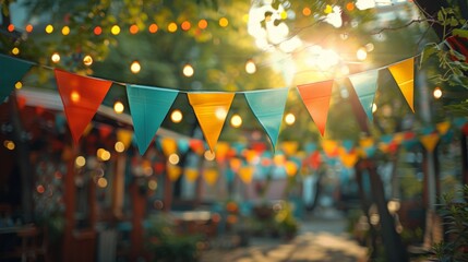 Vintage style party with colorful triangular flags, blurry background, festive outdoor celebration, joyful gathering, warm ambiance