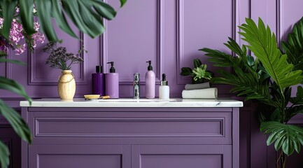 Purple Bathroom Vanity With White Marble Top And Green Plants