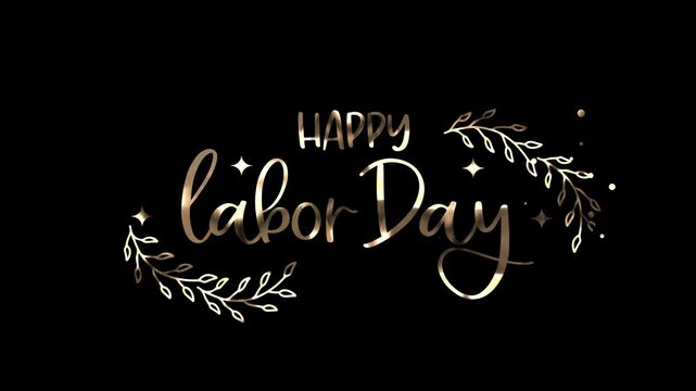 Happy Labor Day design in elegant gold script with delicate leafy branches. Perfect for social media posts, greeting cards, and posters.