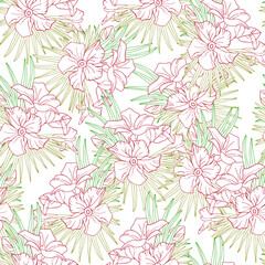 Jasmine flower and palm leaves line art seamless pattern for textile, scrapbook or wallpaper. Delicate tropical flower, vector background