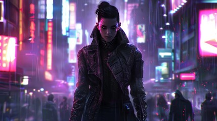Obraz premium Design a cyberpunk character with a mix of human and robotic features, wearing high-tech gear and a trench coat, standing against a background of futuristic urban chaos.