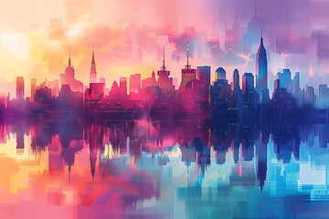 Obraz premium City Skyline at Sunset Art, Cityscape Landscape Watercolor Artwork, Vivid Skyscraper Architecture Wallpaper Design, Travel and Tourism Business Marketing Backdrop, Fine Art Print on Demand Concept