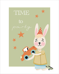 Time to party. Happy birthday card.Cute rabbit with flower and calligraphy.Vector illustration