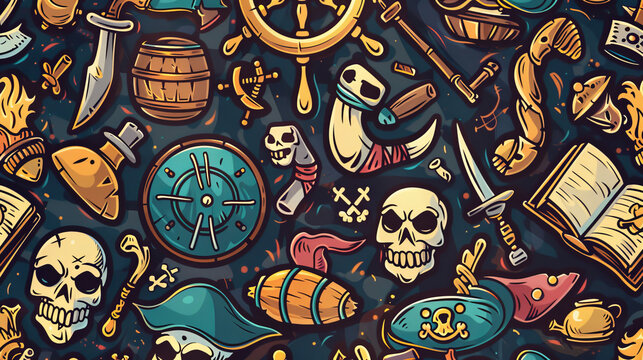 Pirate-themed pattern with cartoonish pirate items and objects in a seamless design.