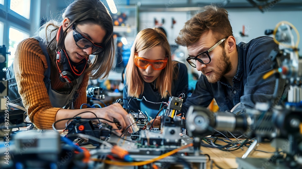 Poster team of engineers working on a robotics project in a lab, innovation, technology, teamwork