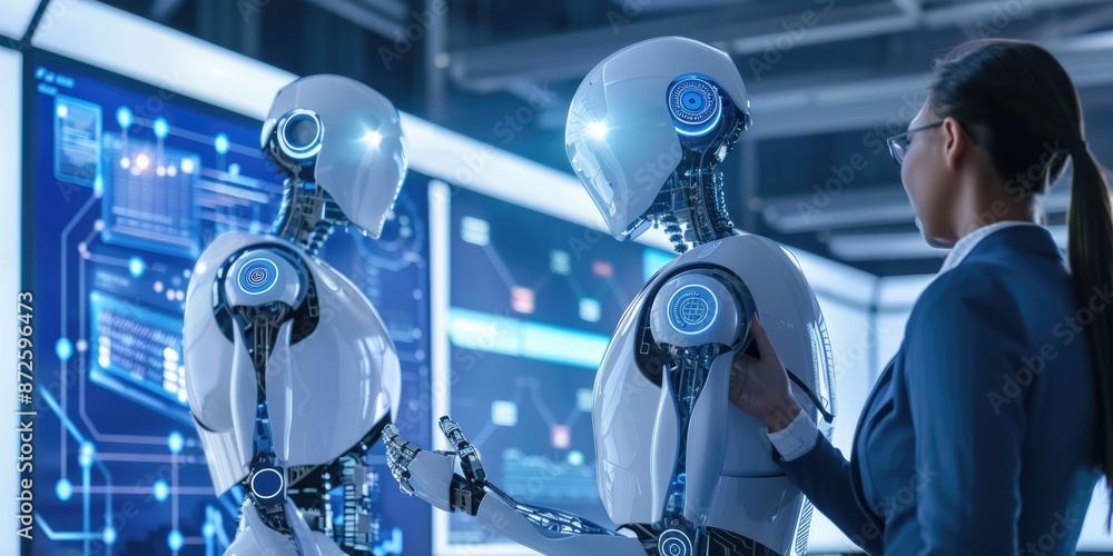 Aufkleber teamwork in a cuttingedge tech office with ai interface, digital networks, and dynamic data visualiz