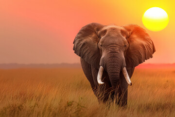 Fototapeta premium Silhouette of African elephant against the backdrop of the sunset in the Serengeti National Park. Africa. Wildlife of Tanzania.